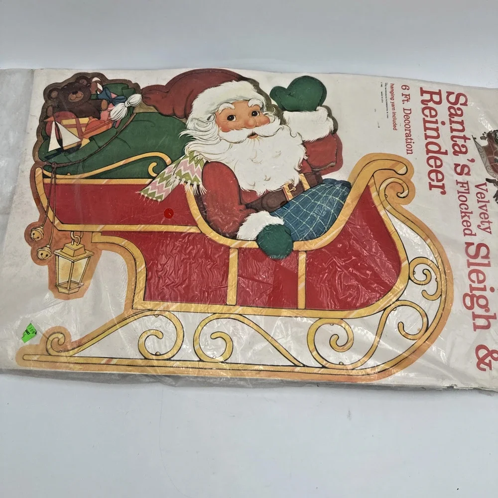Vintage Flocked Christmas Santa And Sleigh And Reindeer Peck 1984 Die Cut